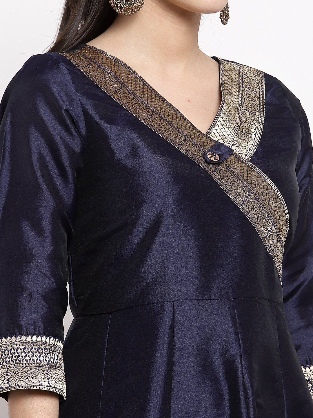 Women's Multi Silk Solid 3/4 Sleeve V Neck Casual Anarkali Gown - Myshka