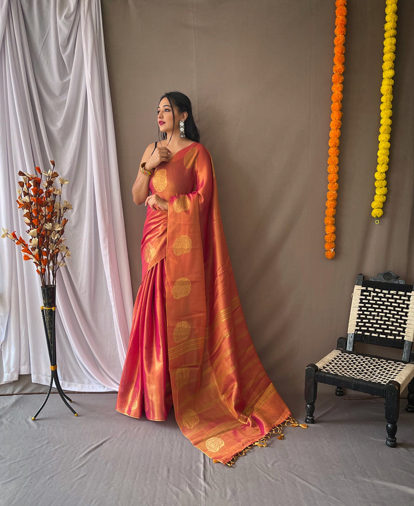 Women's Deep Rose Pink Gulabo Banarasi Tissue Silk Zari Woven Saree