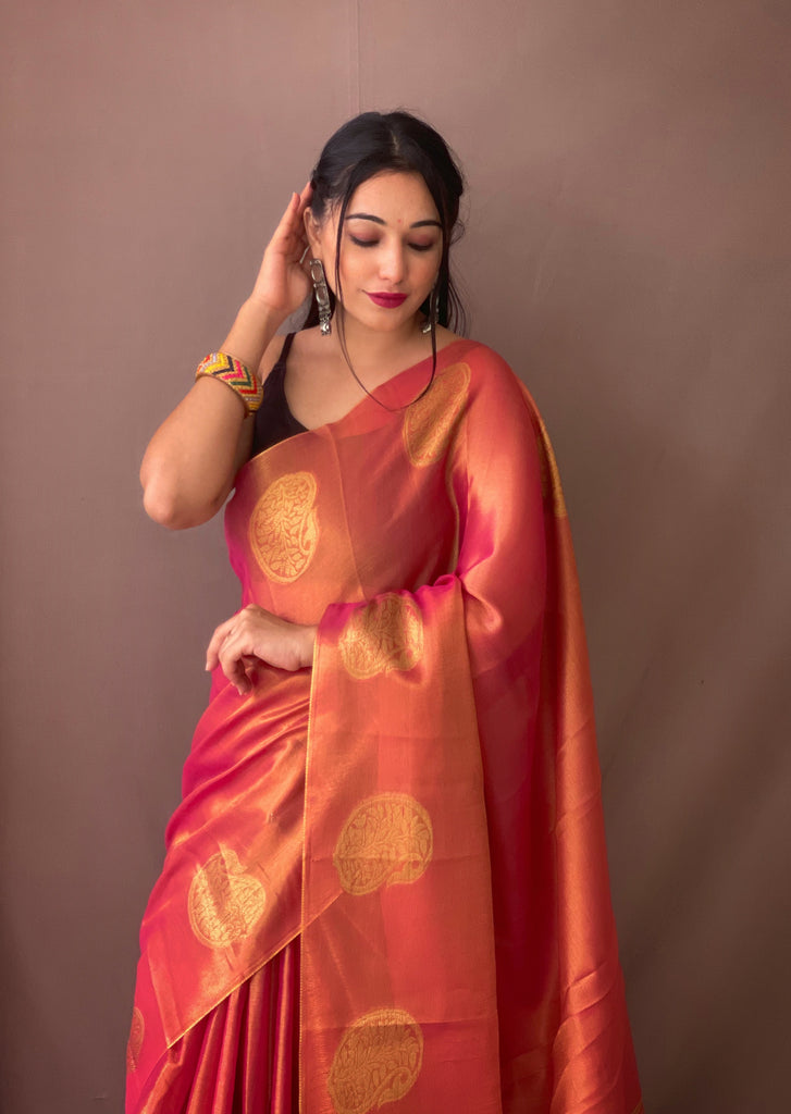 Women's Deep Rose Pink Gulabo Banarasi Tissue Silk Zari Woven Saree
