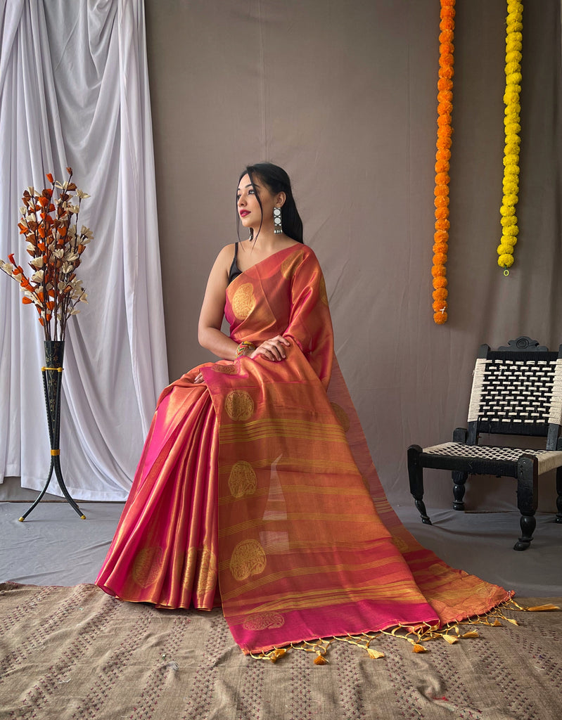 Women's Deep Rose Pink Gulabo Banarasi Tissue Silk Zari Woven Saree