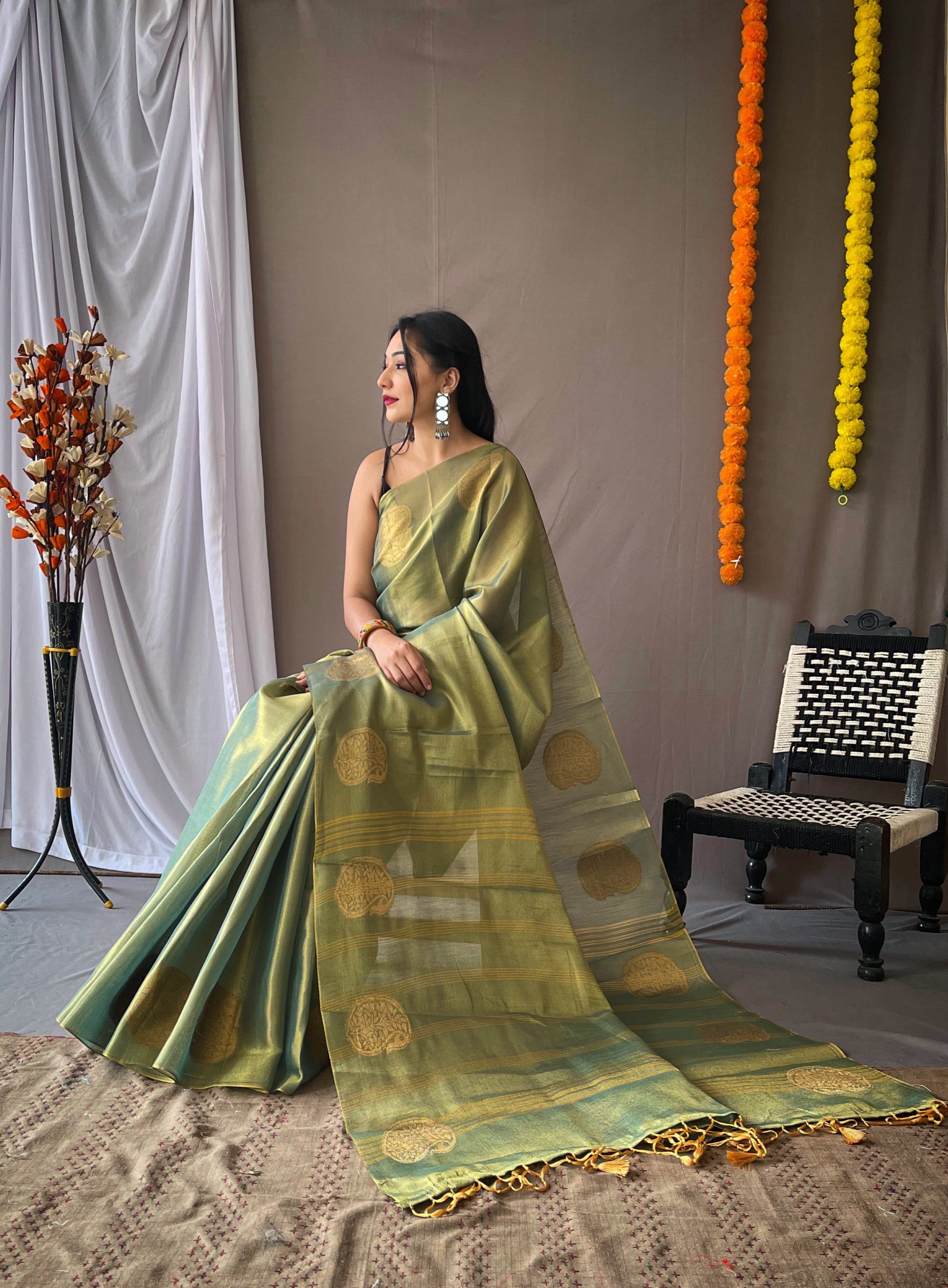 Women's Olive Green Gulabo Banarasi Tissue Silk Zari Woven Saree - TASARIKA
