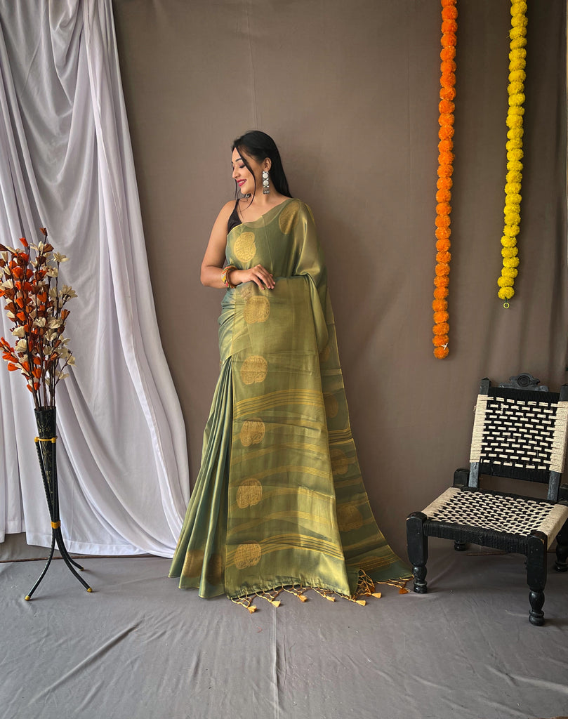 Women's Olive Green Gulabo Banarasi Tissue Silk Zari Woven Saree