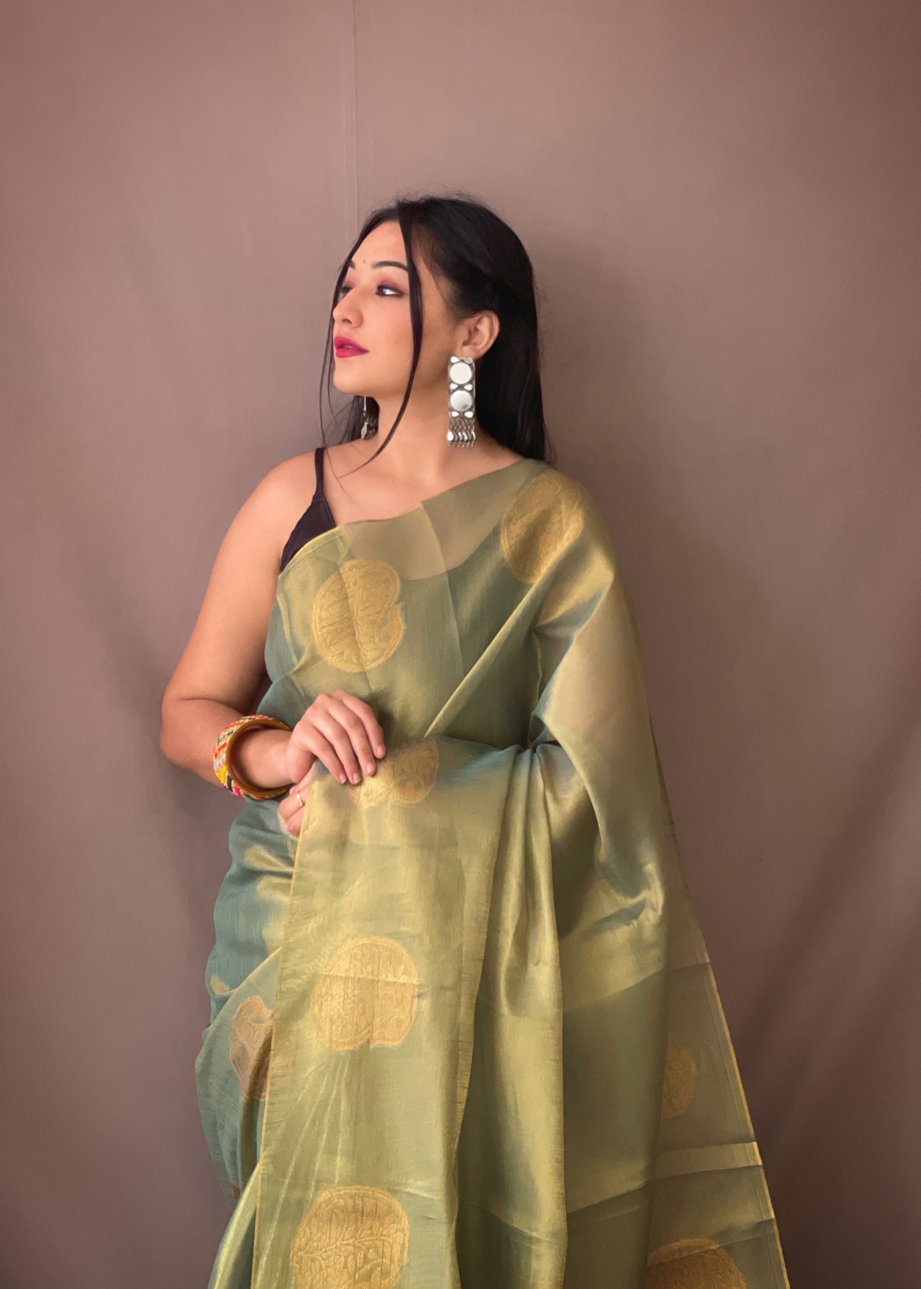 Women's Olive Green Gulabo Banarasi Tissue Silk Zari Woven Saree - TASARIKA
