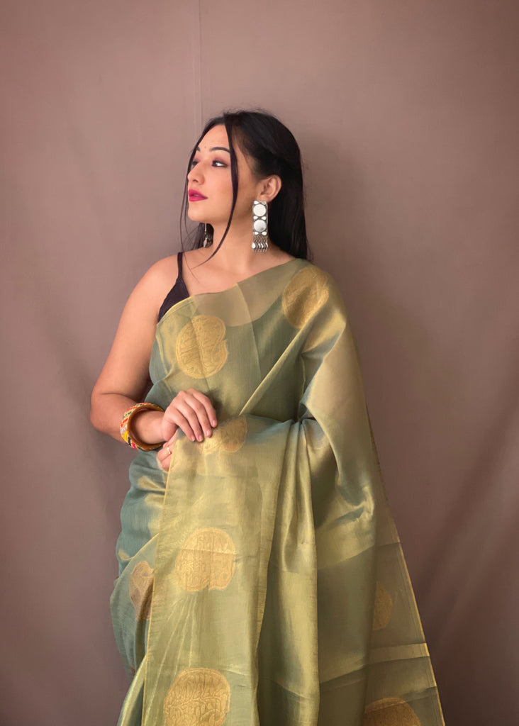 Women's Olive Green Gulabo Banarasi Tissue Silk Zari Woven Saree
