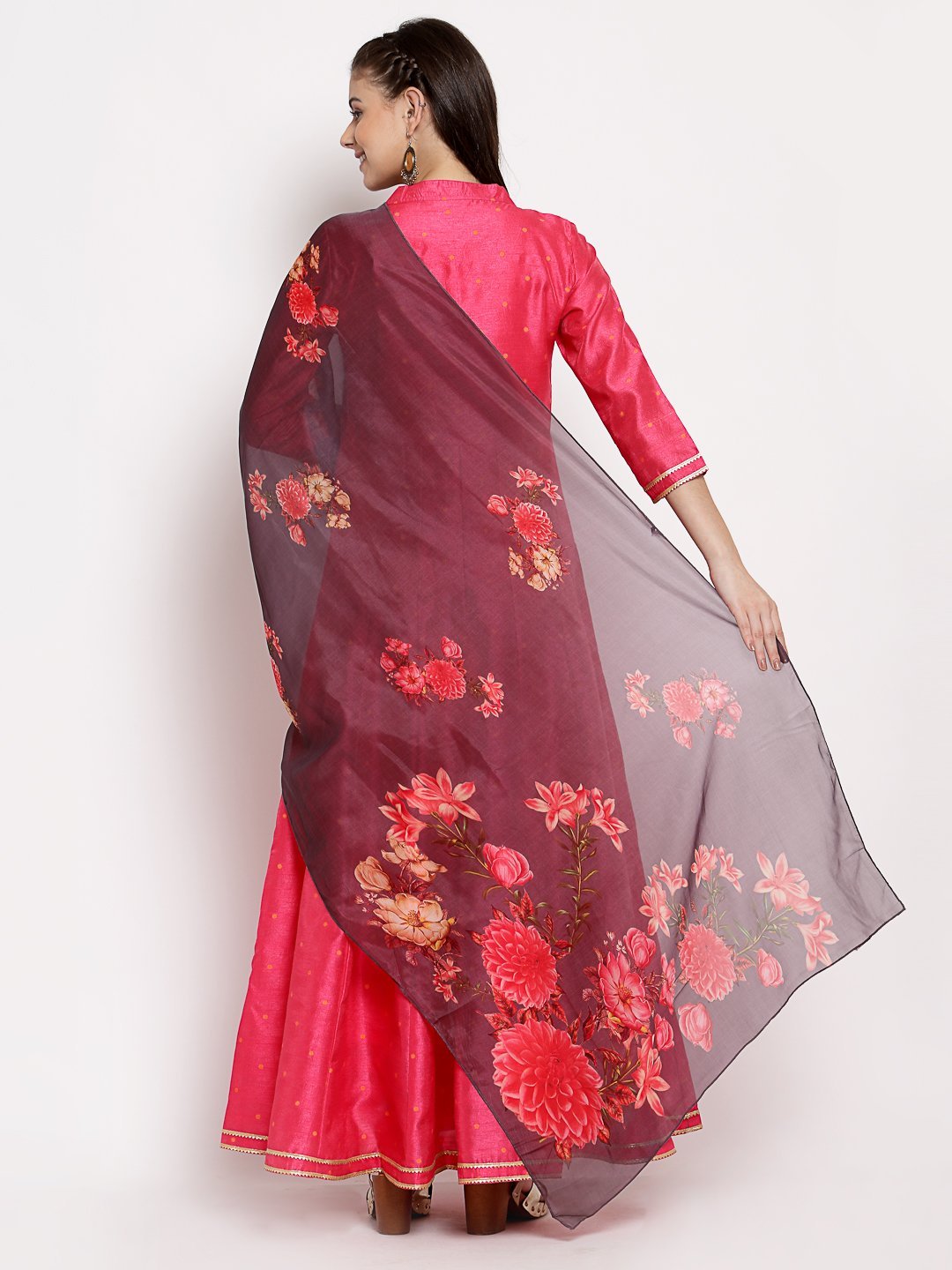 Women's Pink Silk Solid 3/4 Sleeve Round Neck Casual Anarkali Gown - Myshka