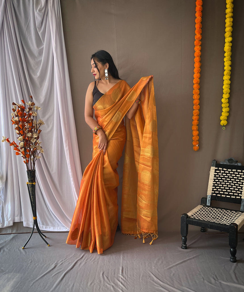Women's Rust Orange Gulabo Banarasi Tissue Silk Zari Woven Saree