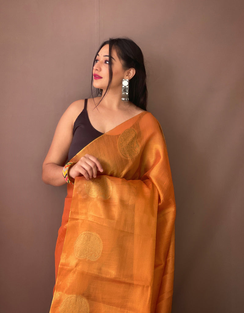 Women's Rust Orange Gulabo Banarasi Tissue Silk Zari Woven Saree