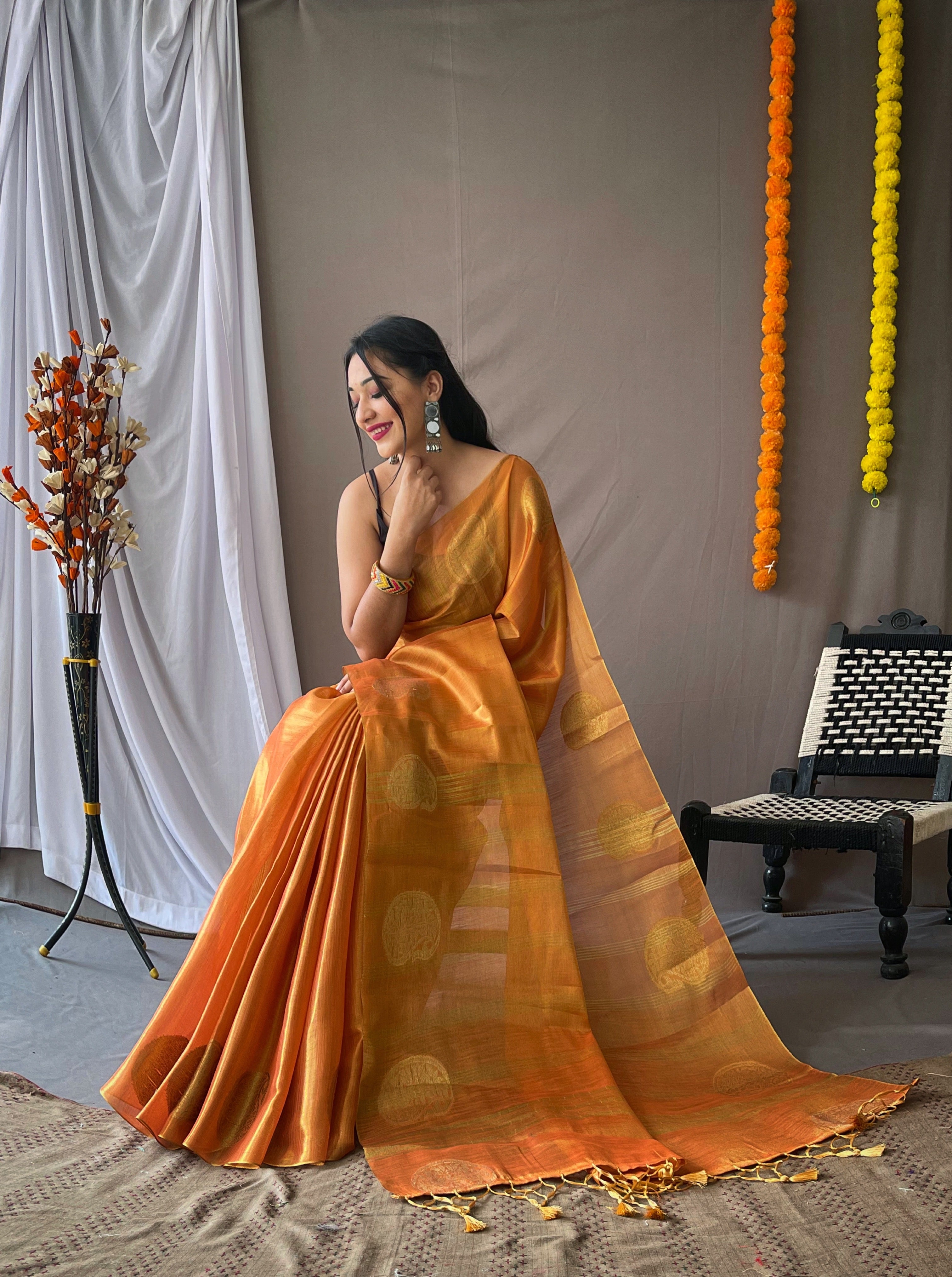 Women's Rust Orange Gulabo Banarasi Tissue Silk Zari Woven Saree - TASARIKA
