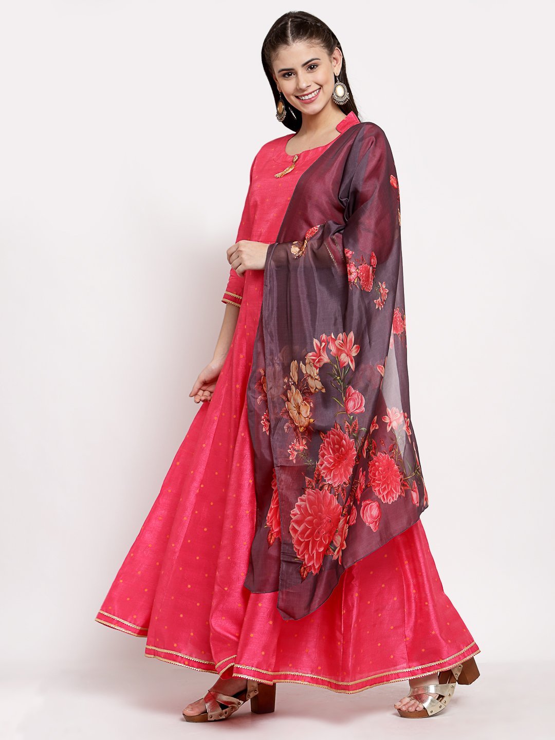 Women's Pink Silk Solid 3/4 Sleeve Round Neck Casual Anarkali Gown - Myshka