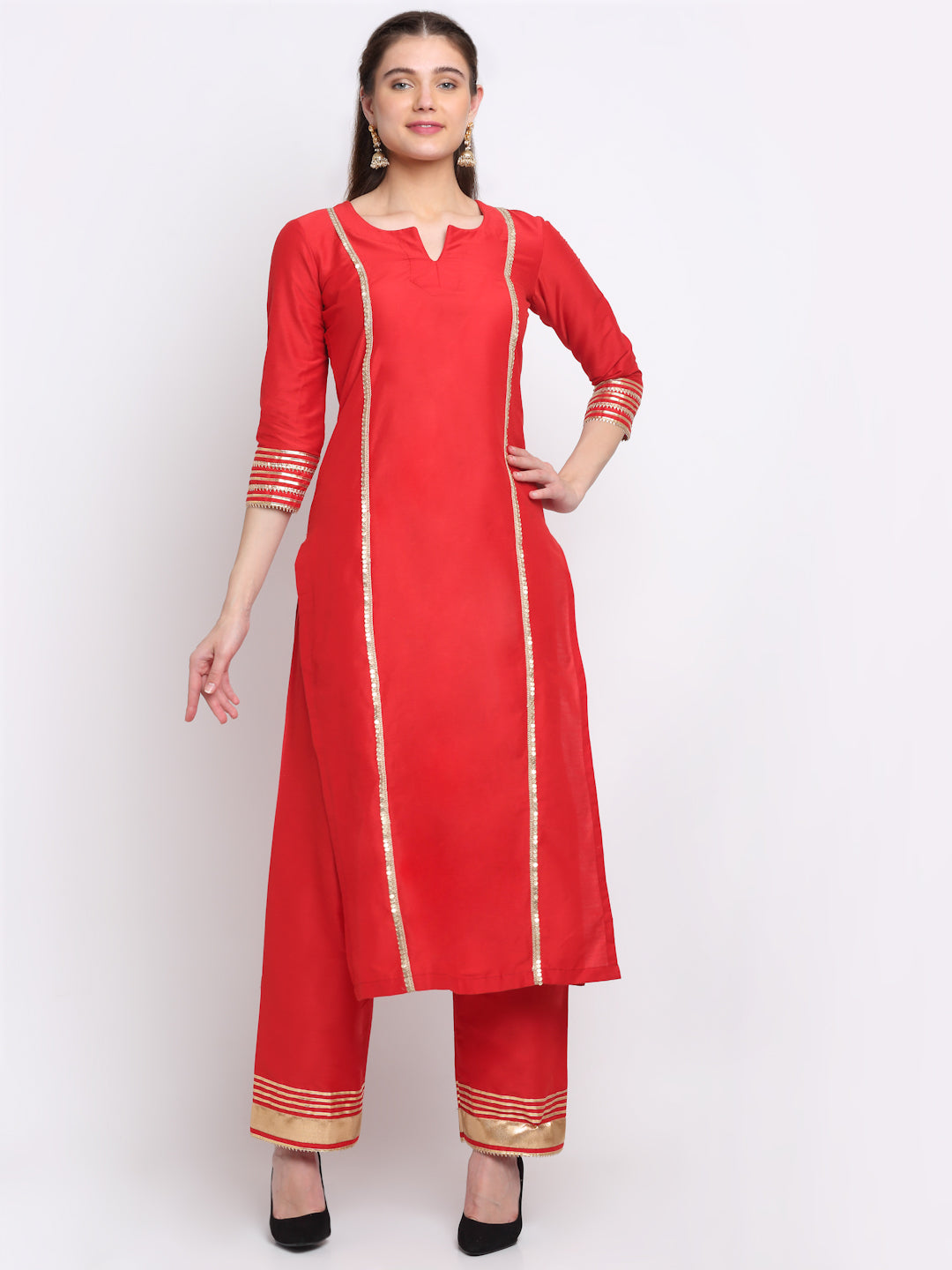 Women's Tyohaar Red Straight Kurti With Straight Pants And Dupatta - A –  Trendia