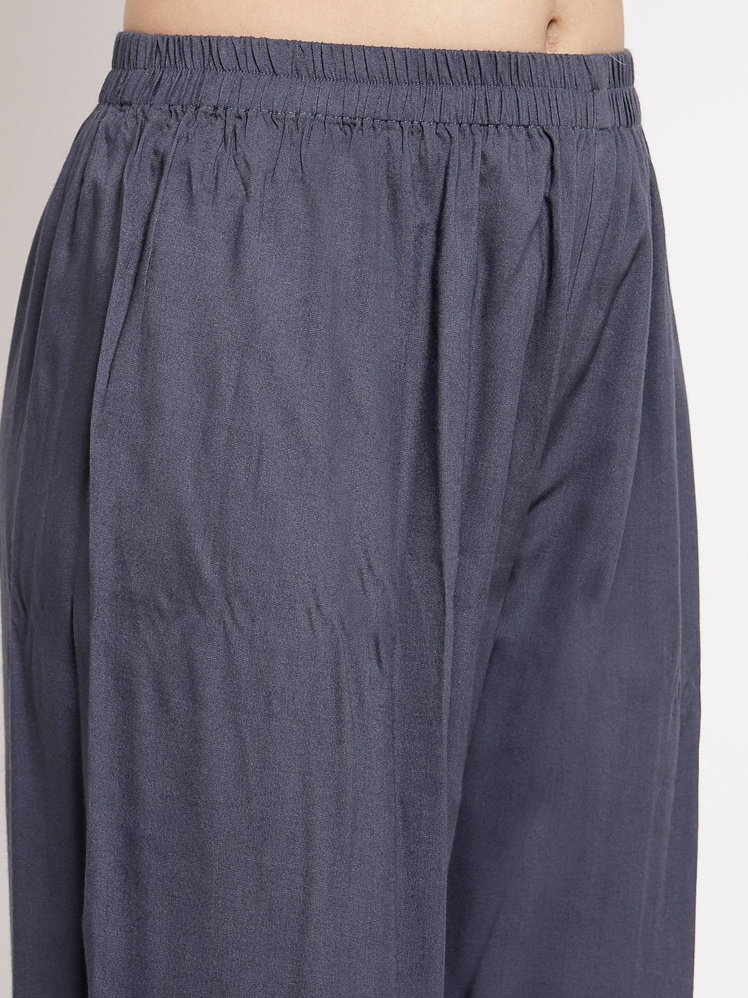 Women's Grey Cotton Solid 3/4 Sleeve V Neck Casual Kurta Palazzo Dupatta Set - Myshka