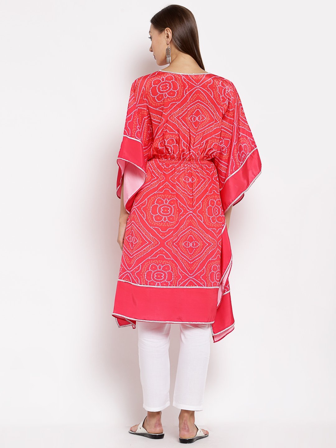 Women's Pink Cotton Printed 3/4 Sleeve V Neck Casual Kaftan - Myshka