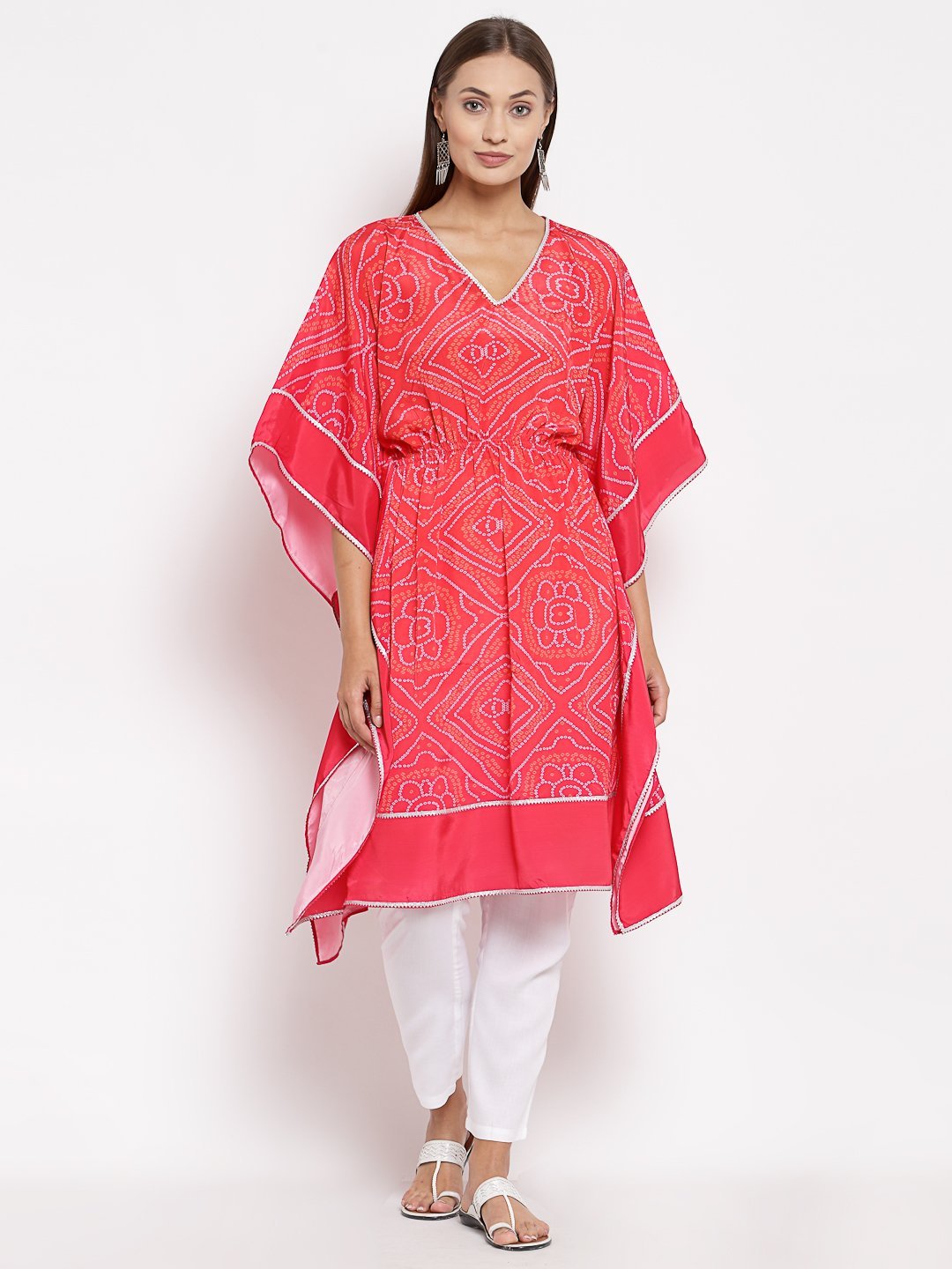 Women's Pink Cotton Printed 3/4 Sleeve V Neck Casual Kaftan - Myshka