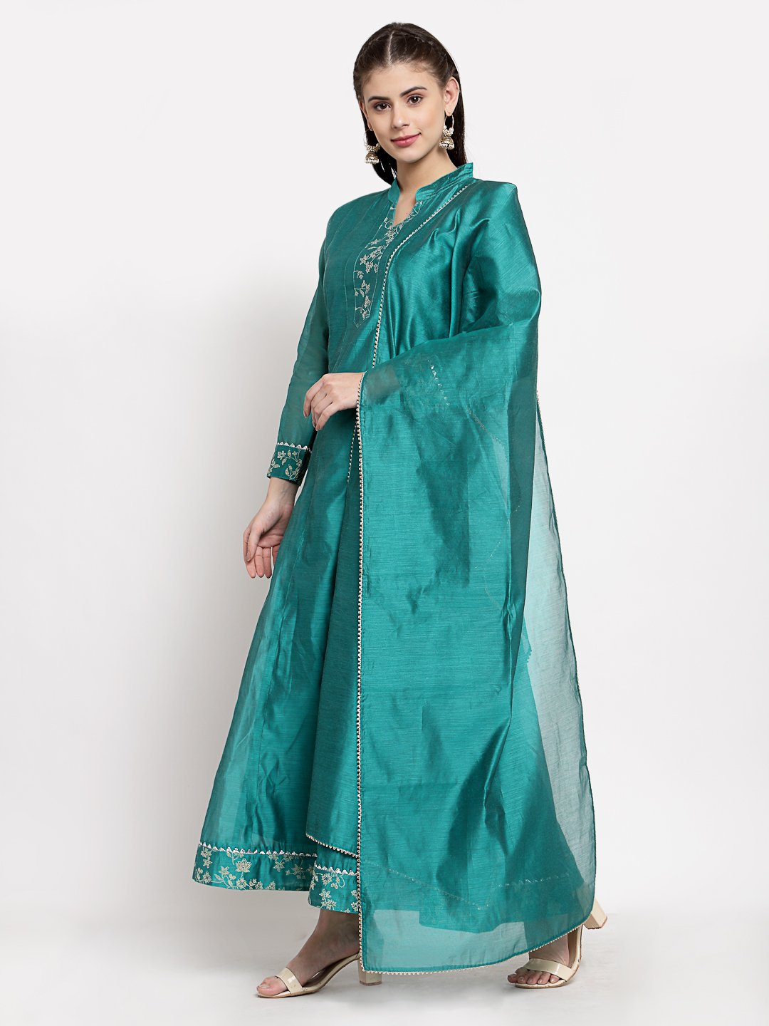 Women's Green Silk Solid Full Sleeve Mandarin Neck Casual Anarkali Gown - Myshka