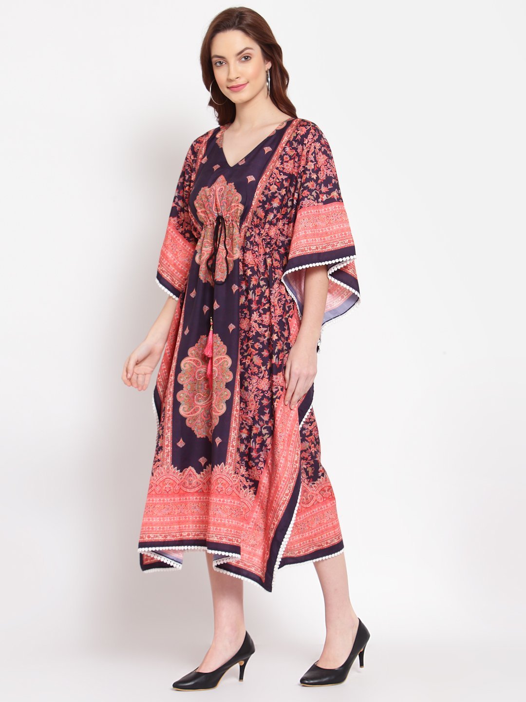 Women's Multi Printed Cotton 3/4 Sleeve V Neck Casual Kaftan Dress - Myshka