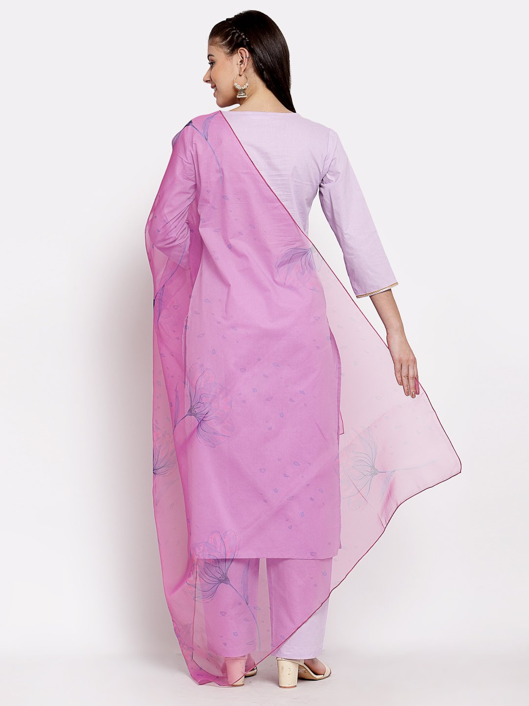 Women's Light Purple Cotton Solid 3/4 Sleeve Round Neck Casual Kurta Pant Dupatta Set - Myshka