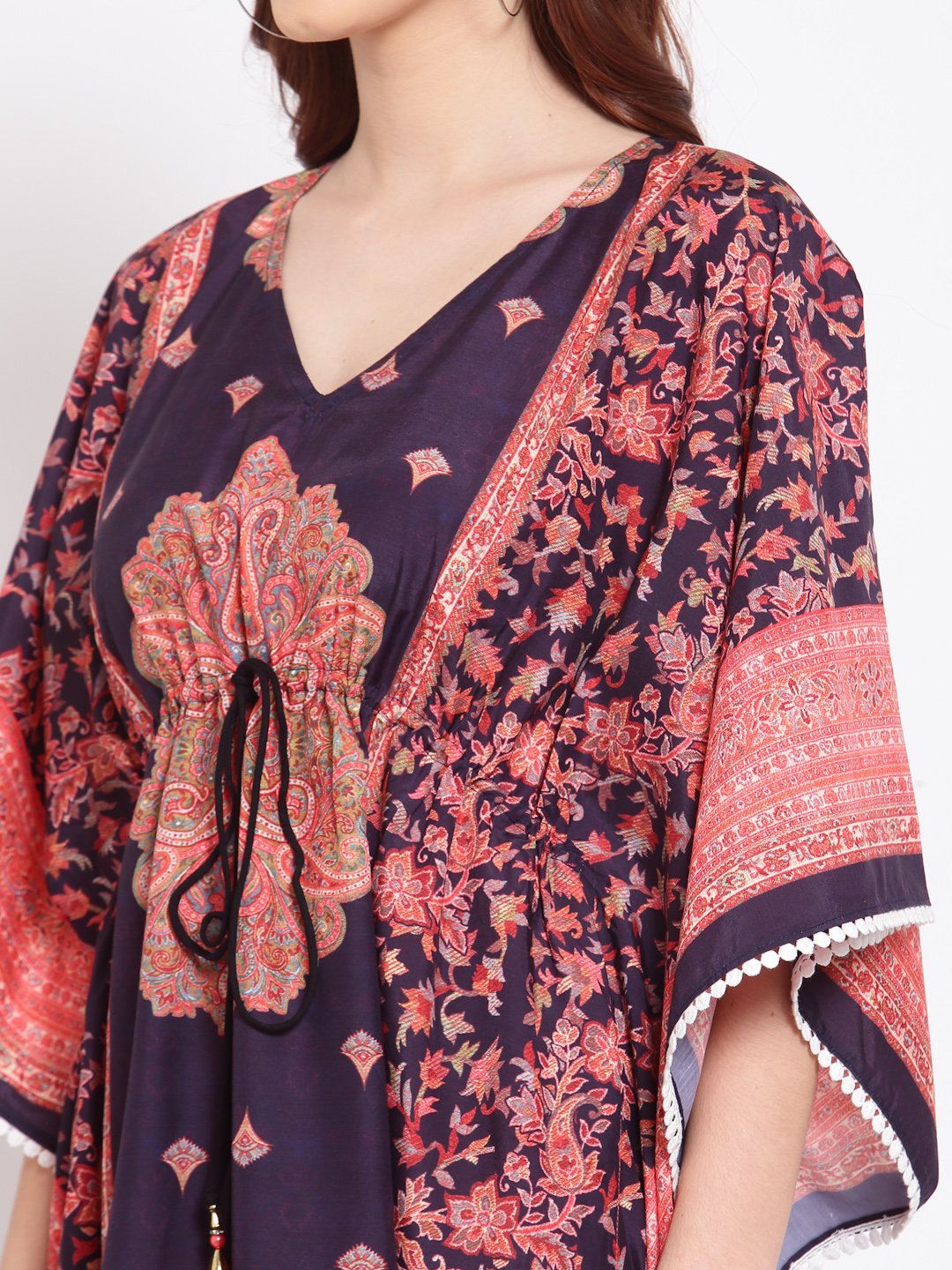 Women's Multi Printed Cotton 3/4 Sleeve V Neck Casual Kaftan Dress - Myshka