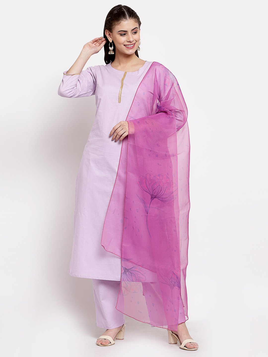 Women's Light Purple Cotton Solid 3/4 Sleeve Round Neck Casual Kurta Pant Dupatta Set - Myshka