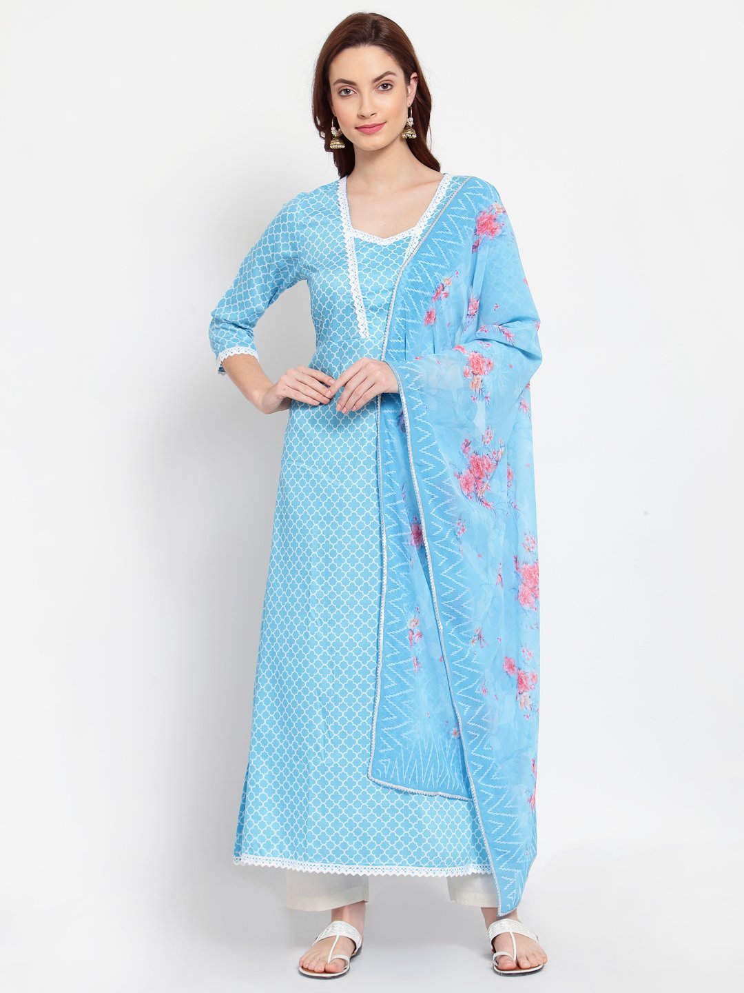 Women's Blue Printed Cotton Blend 3/4 Sleeve Square Neck Casual Anarkali Kurta Dupatta Set - Myshka