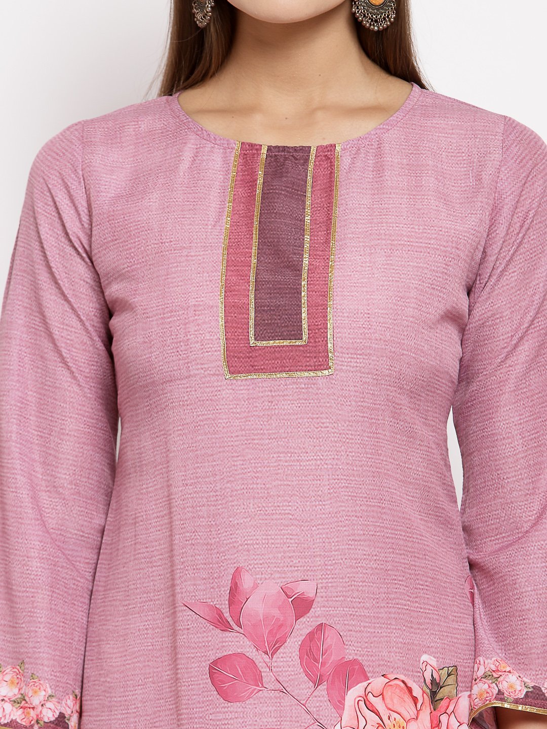 Women's Pink Cotton Printed Full Sleeve Round Neck Casual Kurta - Myshka