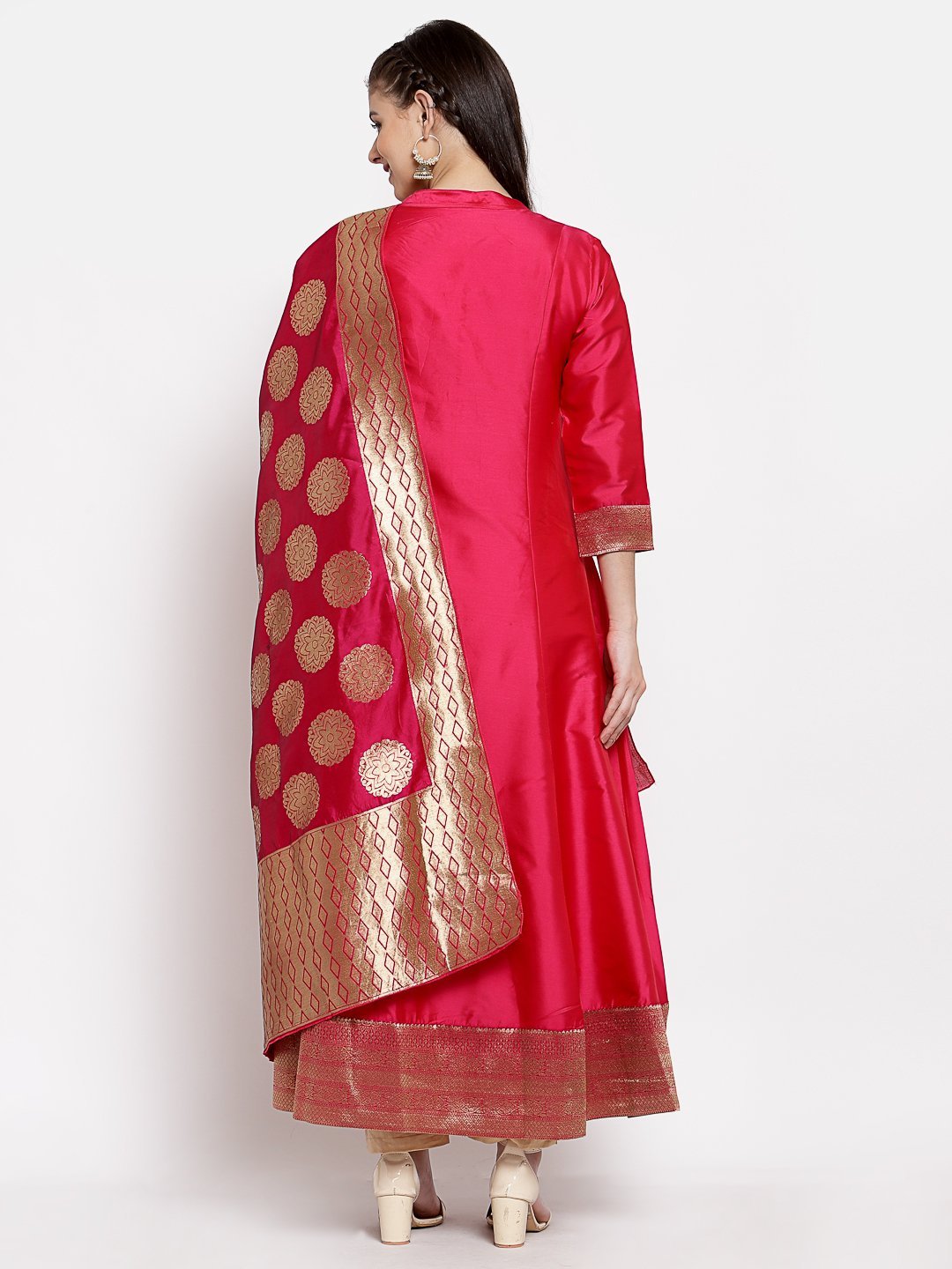 Women's Red Poly Silk Solid Full Sleeve Mandarin Neck Casual Anarkali Gown - Myshka