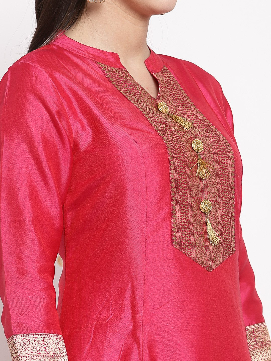 Women's Red Poly Silk Solid Full Sleeve Mandarin Neck Casual Anarkali Gown - Myshka