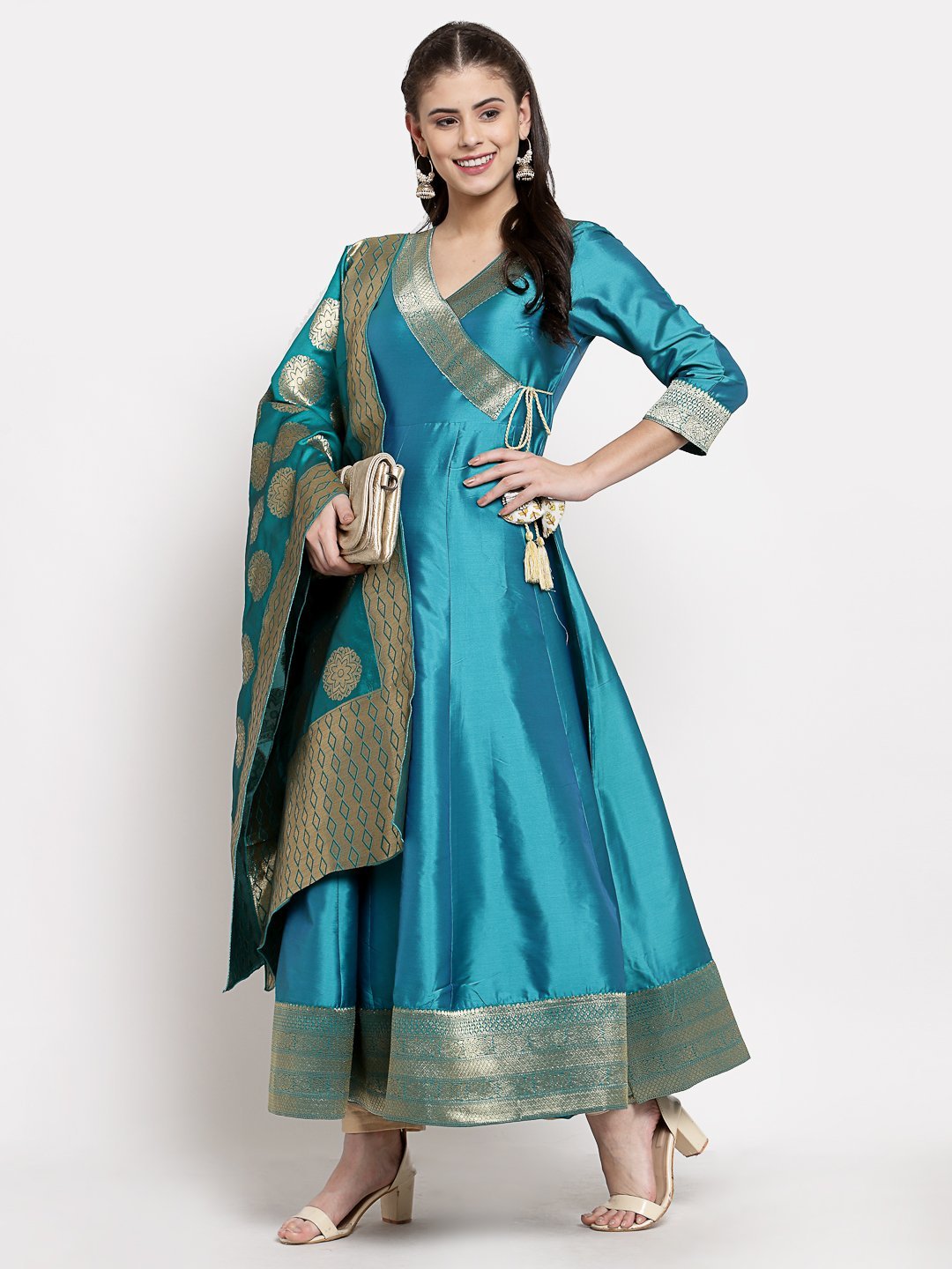 Women's Green Silk Solid 3/4 Sleeve V Neck Casual Anarkali Gown - Myshka