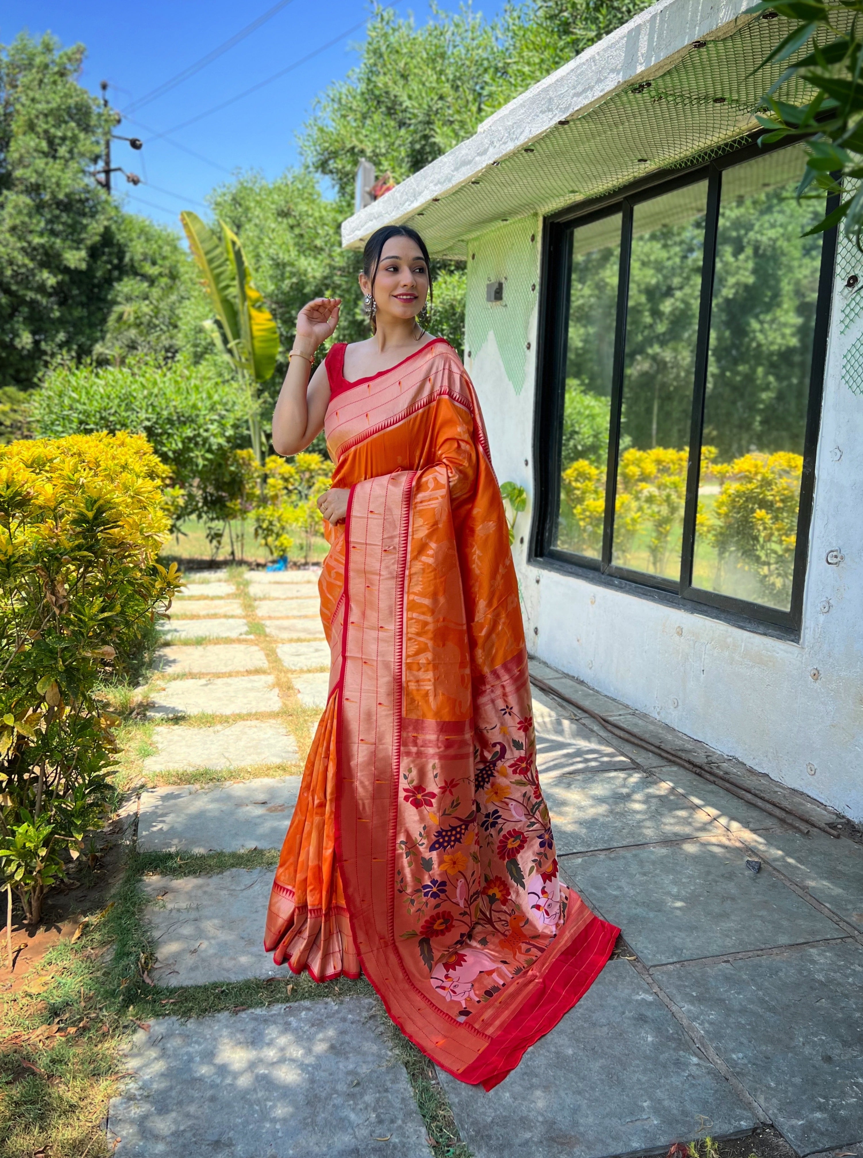 Women's Orange Gauri Paithani Silk Pichwai Woven Saree - TASARIKA