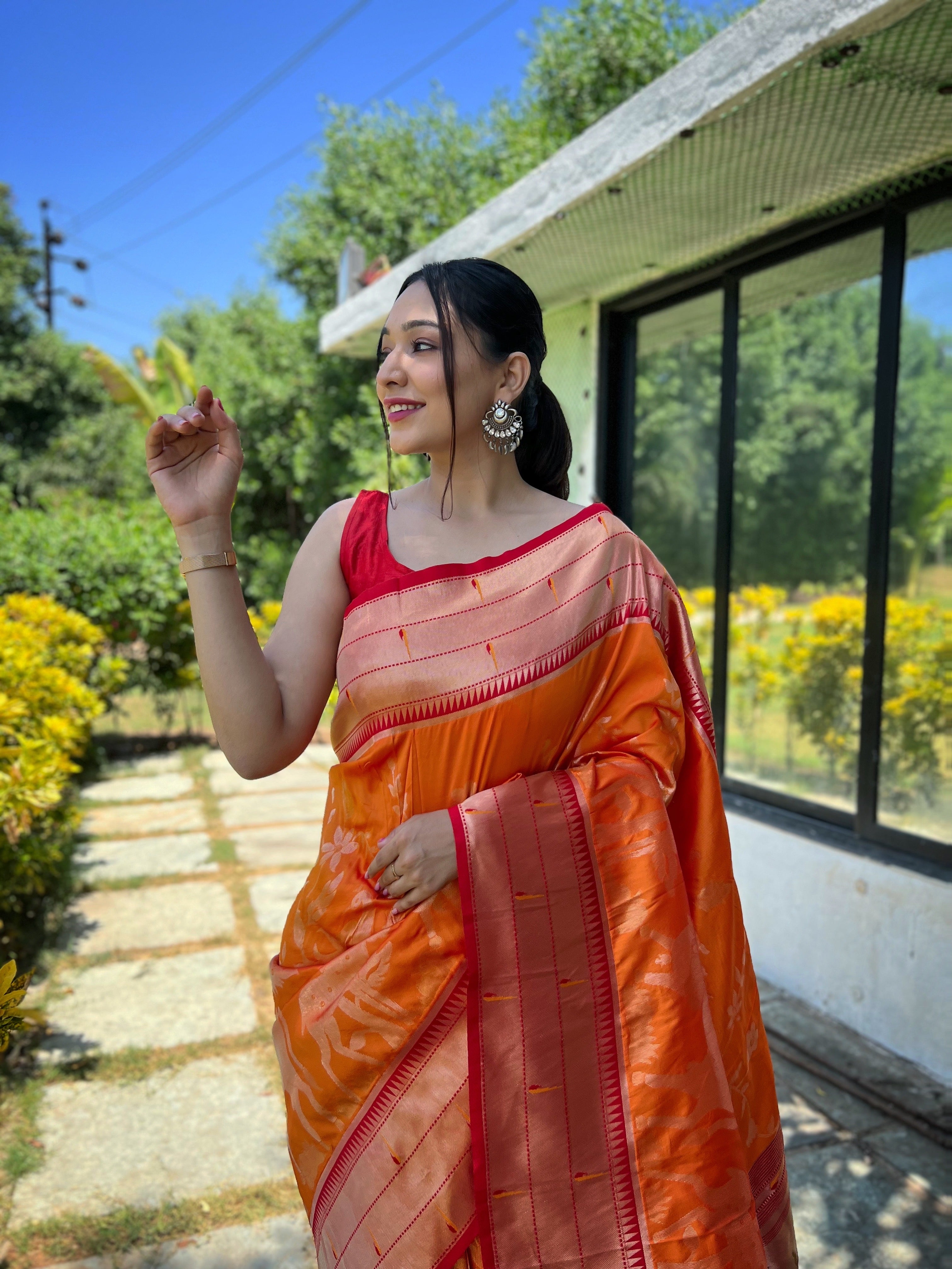 Women's Orange Gauri Paithani Silk Pichwai Woven Saree - TASARIKA