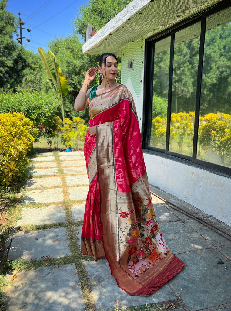 Women's Pink Gauri Paithani Silk Pichwai Woven Saree