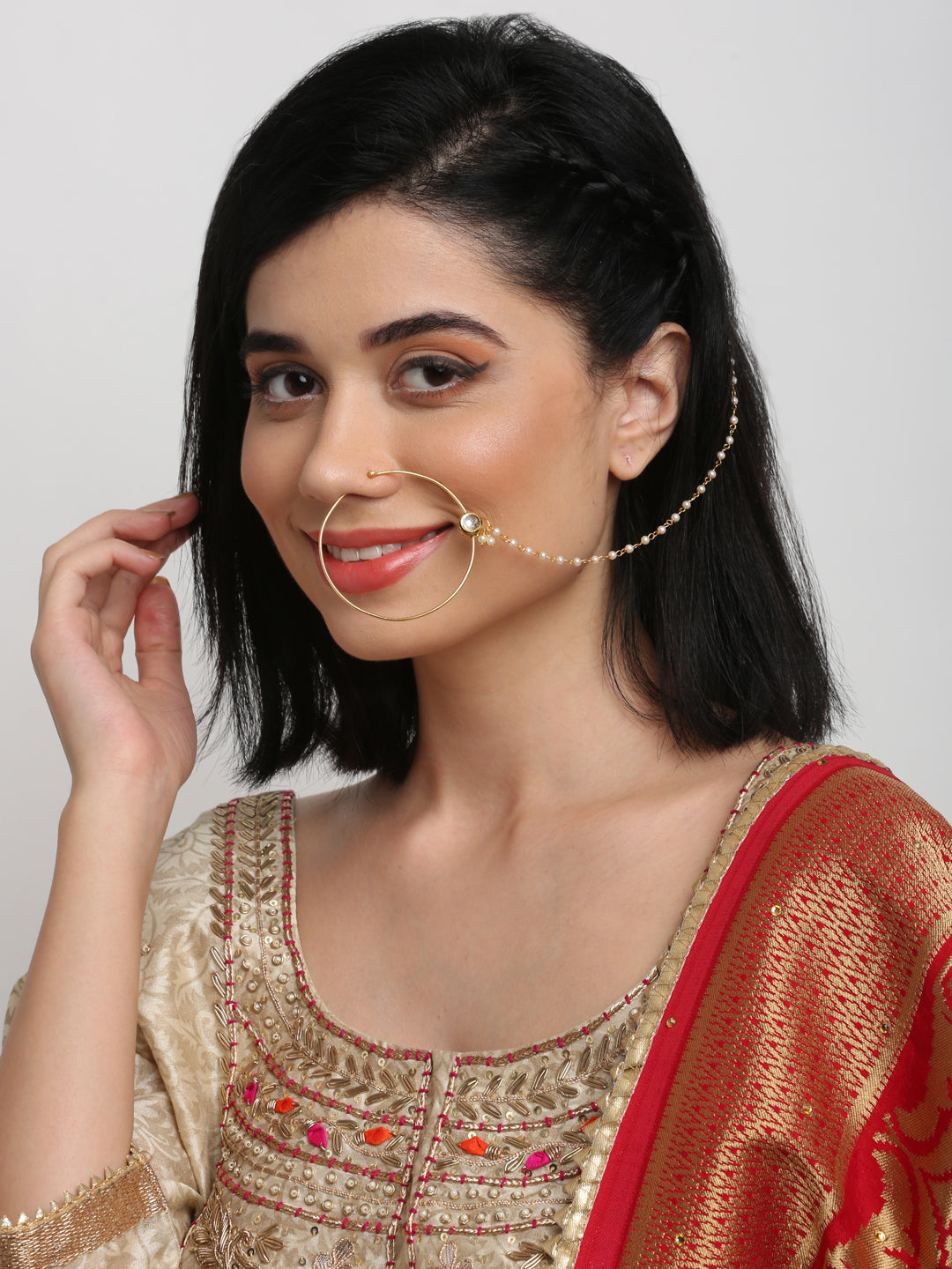 Gold Plated Kundan Nose Ring Nath By Ruby Raang
