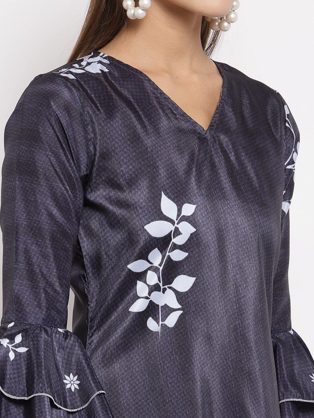 Women's Black Crep Printed Full Sleeve V Neck Casual Tunic - Myshka