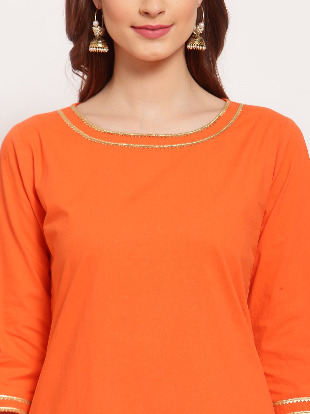 Women's Orange Solid Cotton 3/4 Sleeve Round Neck Casual Kurta Pant Dupatta Set - Myshka