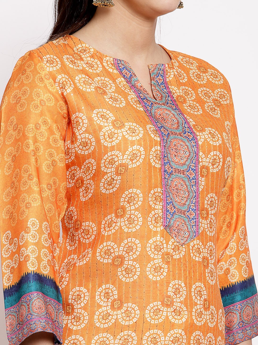 Women's Multi Cotton Printed 3/4 Sleeve Round Neck Casual Kurta - Myshka