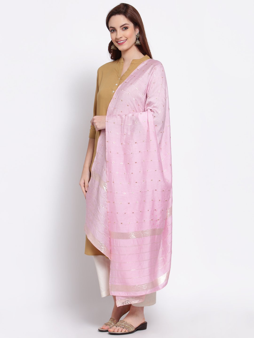 Women's Pink Cotton Silk Printed Casual Dupatta - Myshka