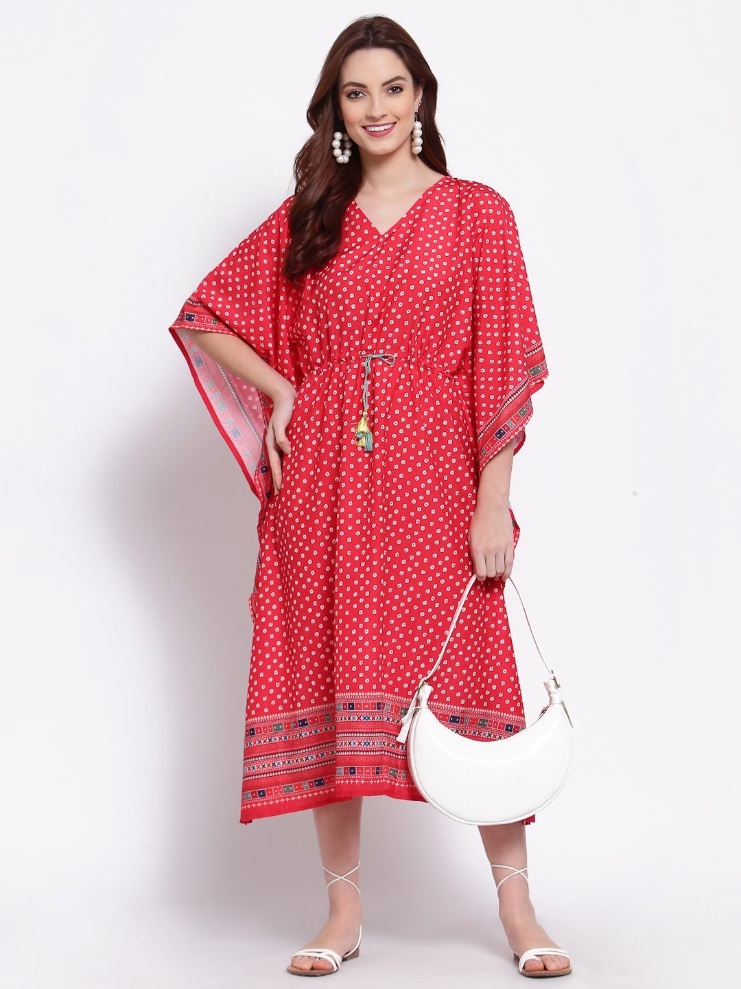 Women's Red Printed Cotton Blend 3/4 Sleeve V Neck Casual Dress - Myshka