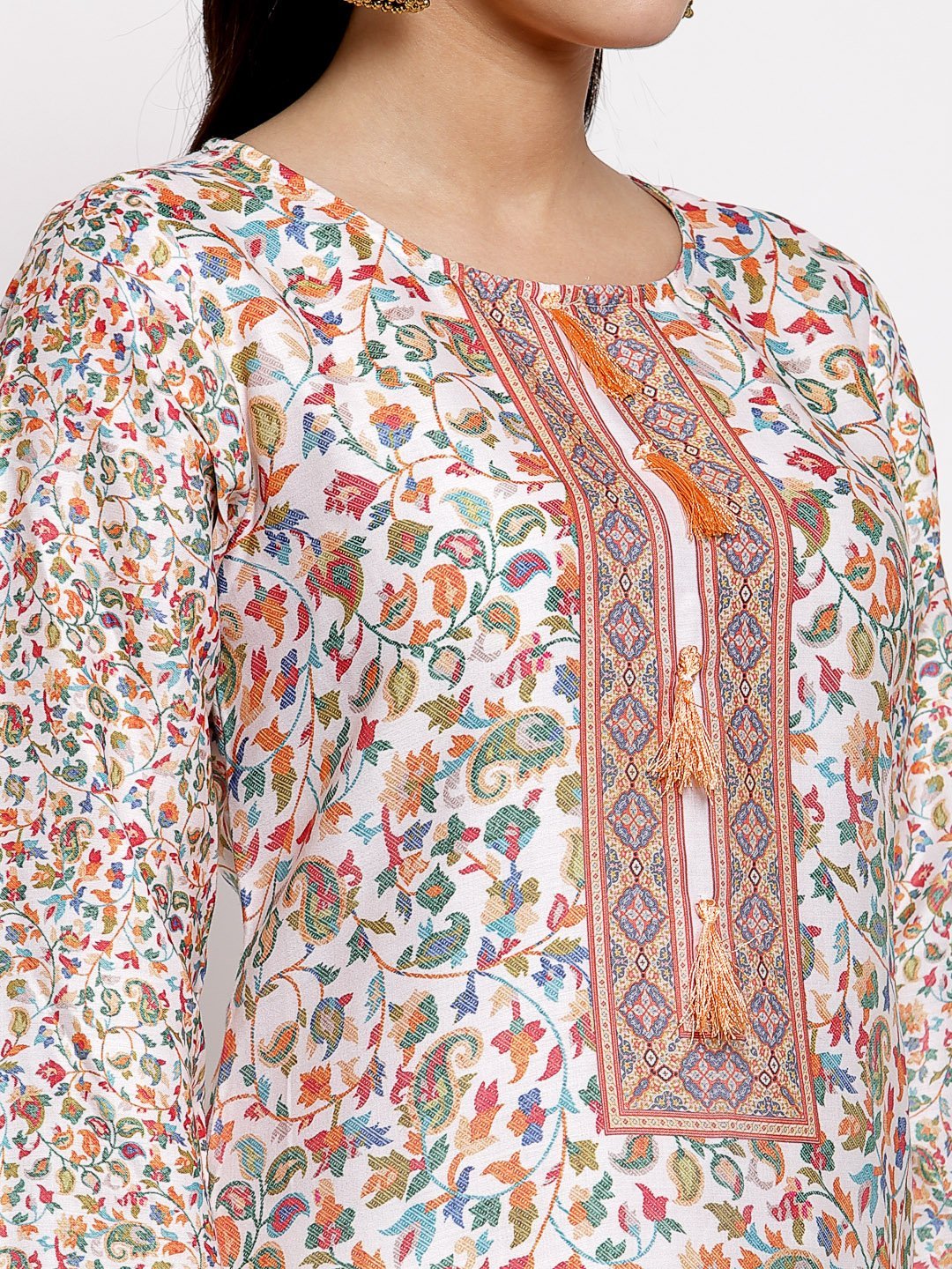 Women's Multi Cotton Printed Full Sleeve Round Neck Casual Kurta - Myshka
