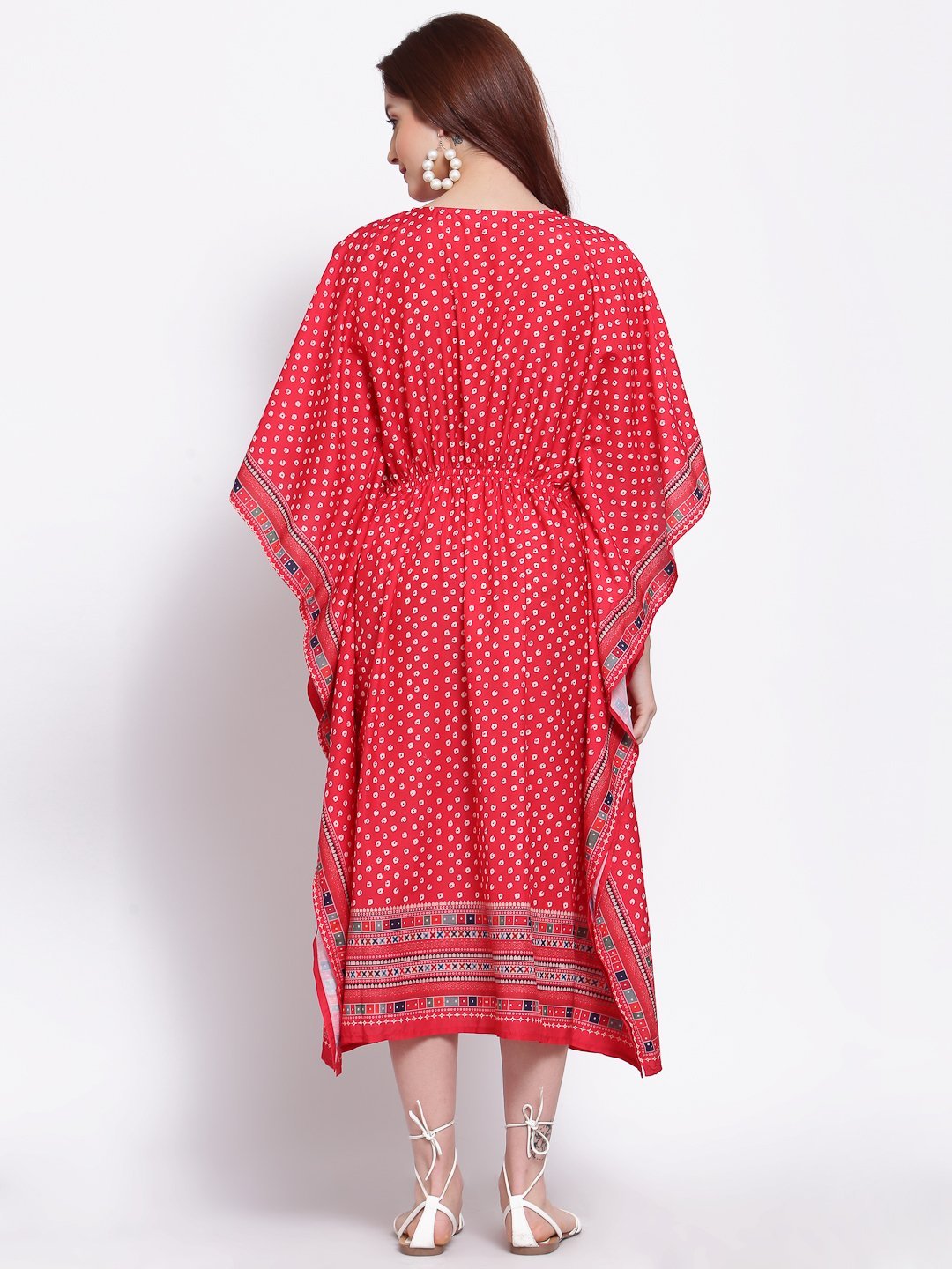 Women's Red Printed Cotton Blend 3/4 Sleeve V Neck Casual Dress - Myshka