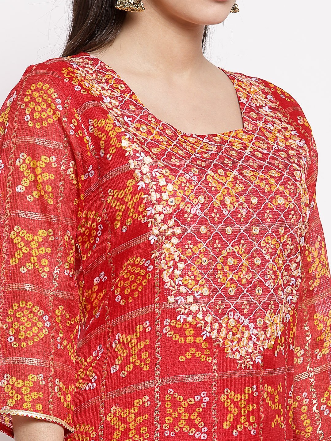 Women's Red Cotton Printed 3/4 Sleeve Square Neck Casual Kurta - Myshka