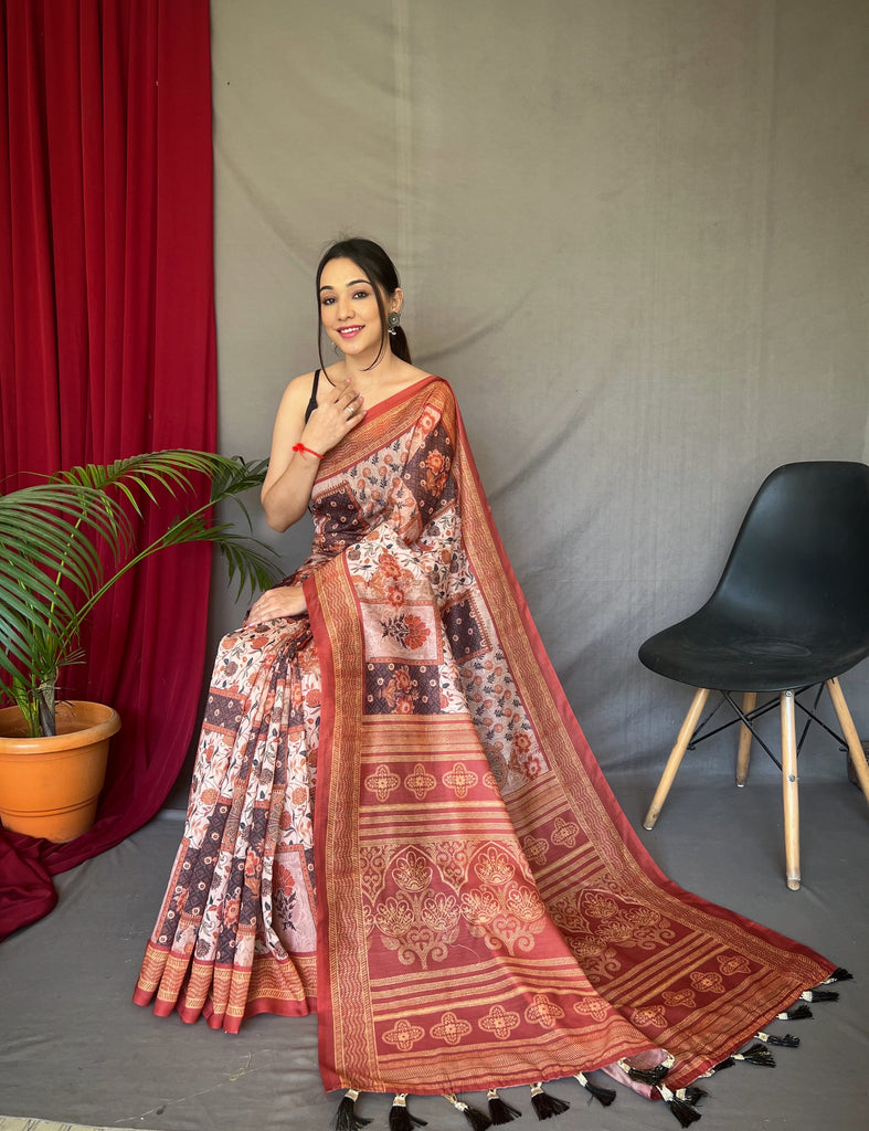 Women's Light Brown Ajrakh Carpet Silk Cotton Printed Saree