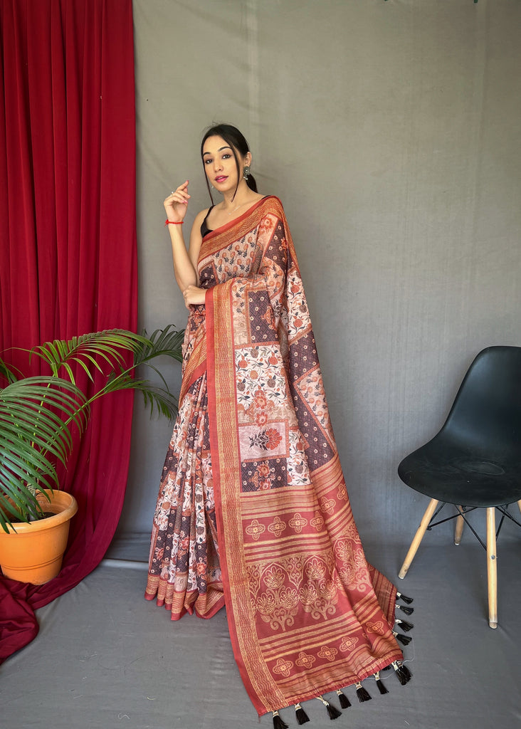Women's Light Brown Ajrakh Carpet Silk Cotton Printed Saree