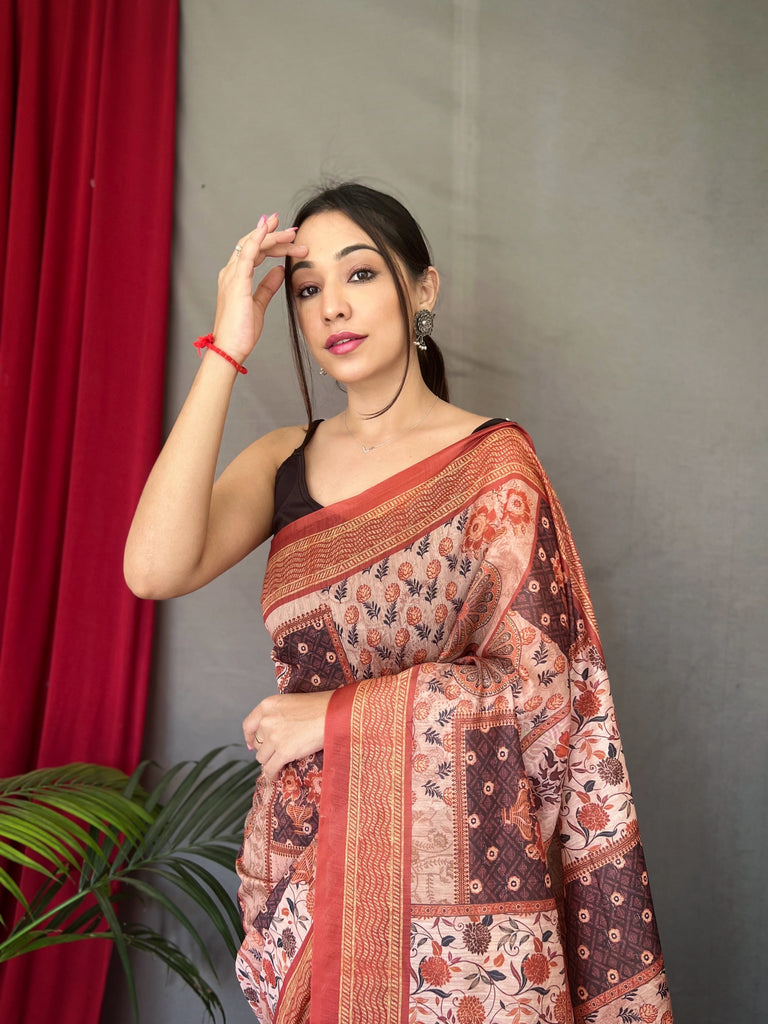 Women's Light Brown Ajrakh Carpet Silk Cotton Printed Saree