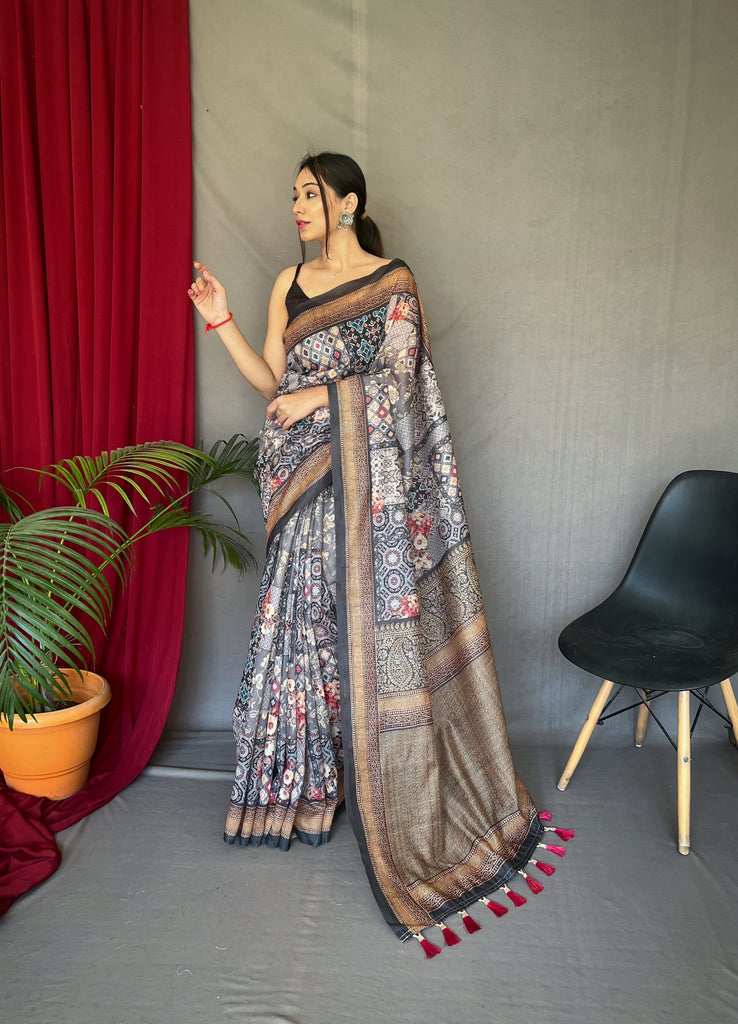Women's Grey Ajrakh Carpet Silk Cotton Printed Saree