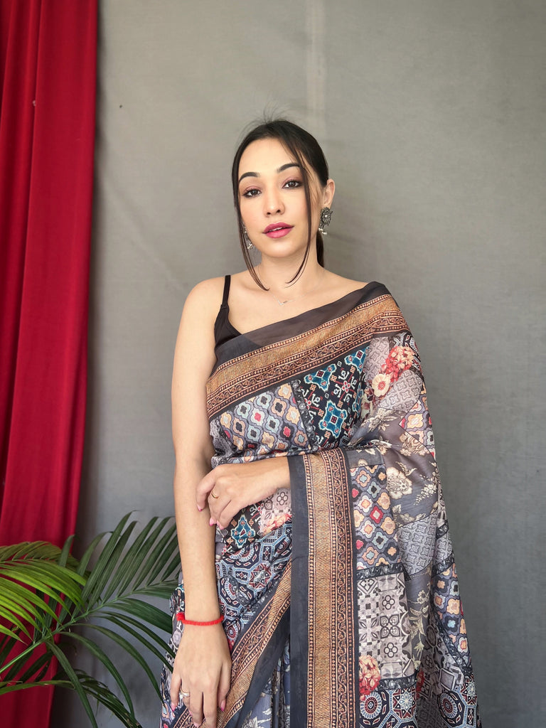 Women's Grey Ajrakh Carpet Silk Cotton Printed Saree