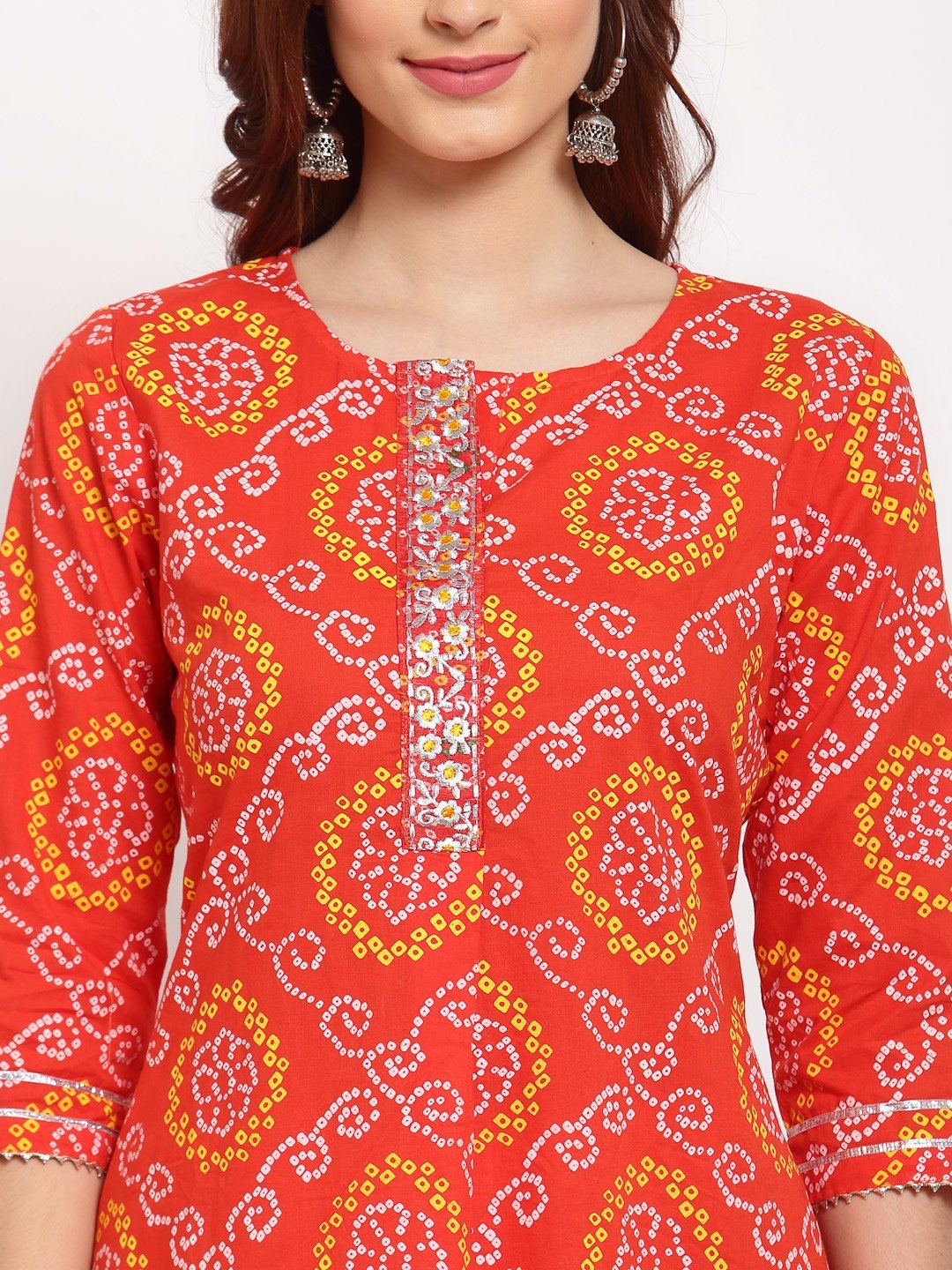Women's Orange Printed Cotton 3/4 Sleeve Round Neck Casual Kurta Pant Dupatta Set - Myshka