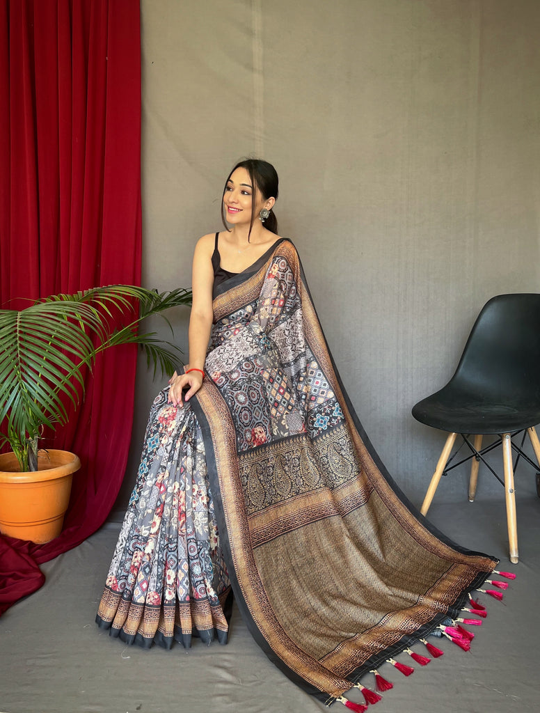 Women's Grey Ajrakh Carpet Silk Cotton Printed Saree
