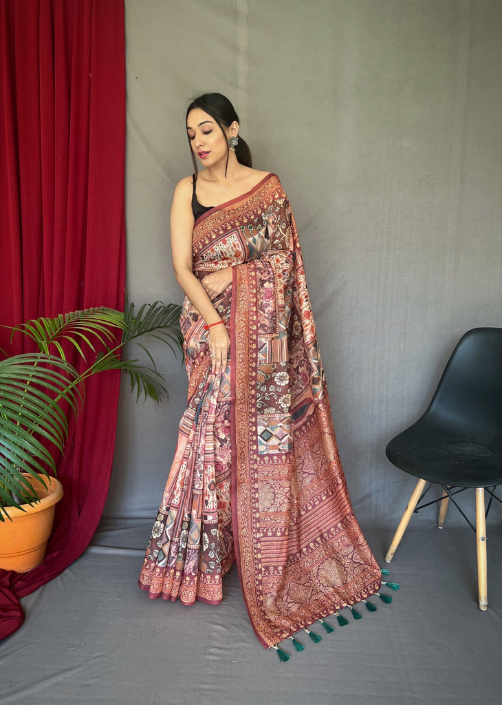 Women's Brown Ajrakh Carpet Silk Cotton Printed Saree