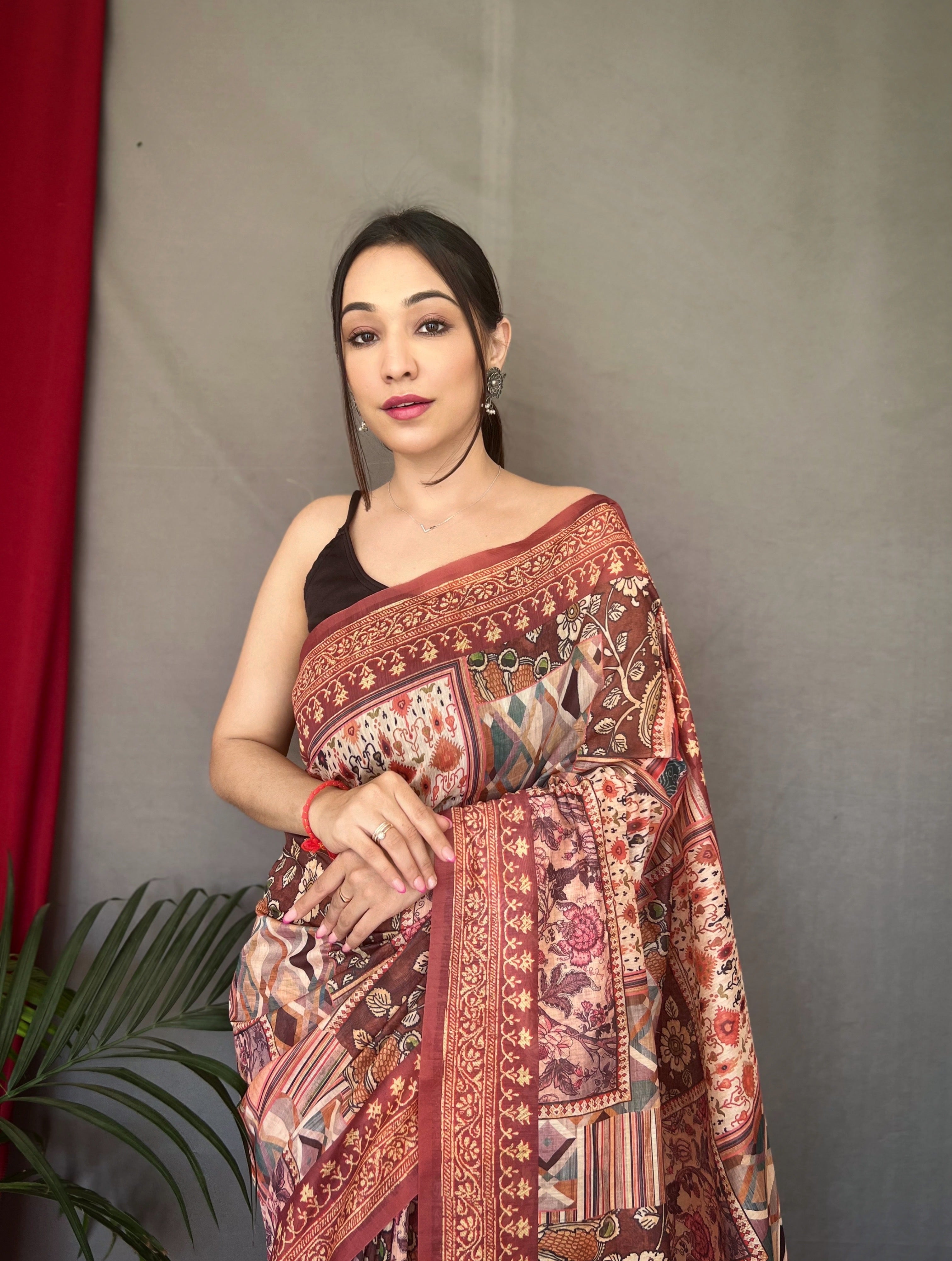 Women's Brown Ajrakh Carpet Silk Cotton Printed Saree - TASARIKA