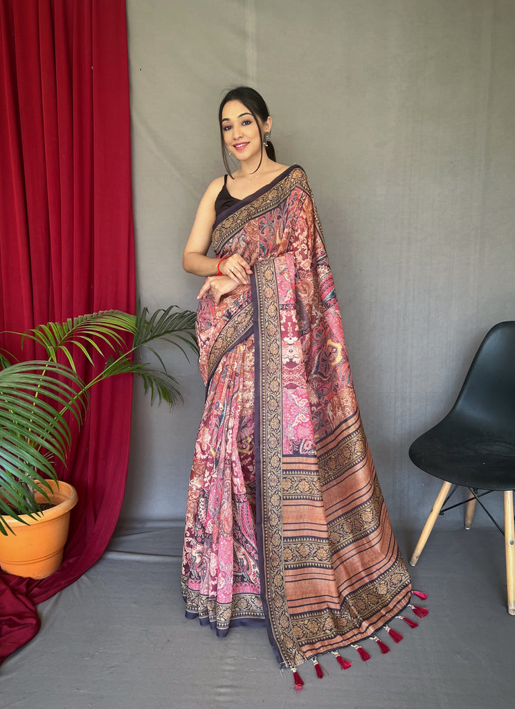 Women's Pink Brown Ajrakh Carpet Silk Cotton Printed Saree