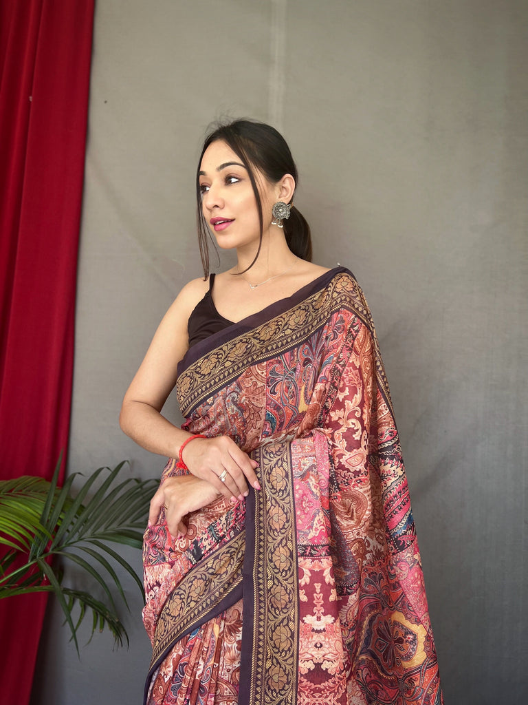 Women's Pink Brown Ajrakh Carpet Silk Cotton Printed Saree